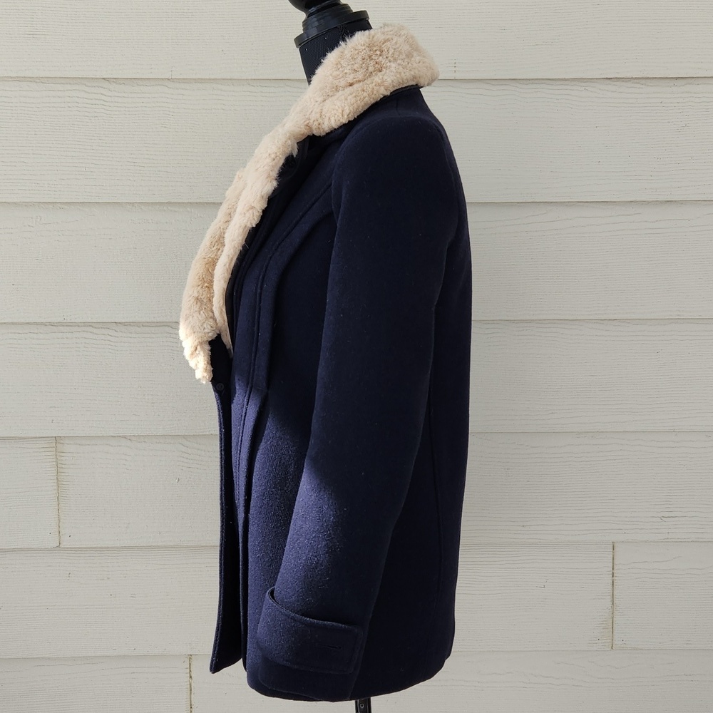 ZARA Trafaluc Outerwear Navy Wool Double-breasted Coat Faux Fur Collar (S) - Picture 4 of 16